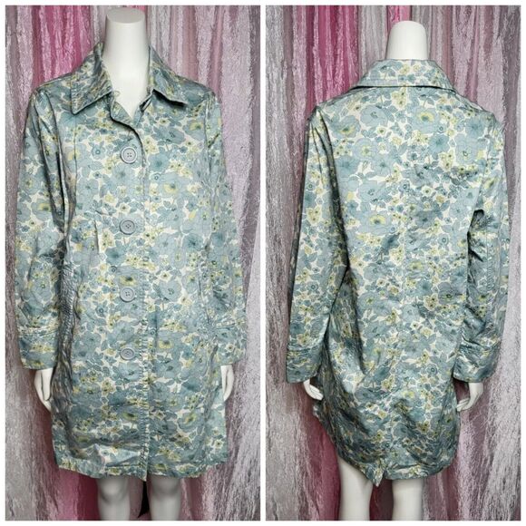 Eddie Bauer Blue Floral 100% Cotton Long Blazer Button Up Jacket Size Large - Picture 1 of 8